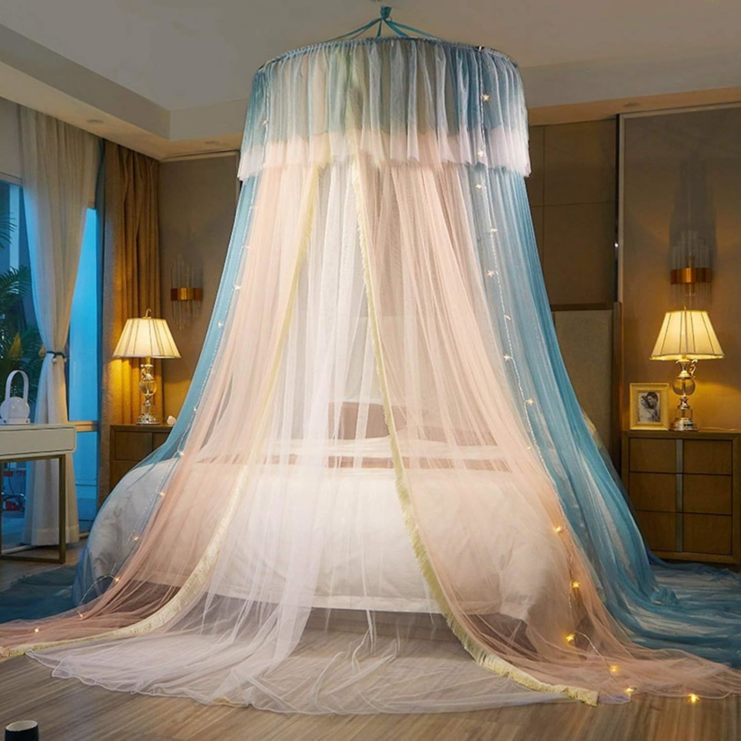 Princess Bed Canopy for Girls,Bed Canopy Curtain- Double Layer Sheer Mesh Dome Bed Curtain- Round Lace Princess Mosquito Net Tent for Twin Full Queen King Bed