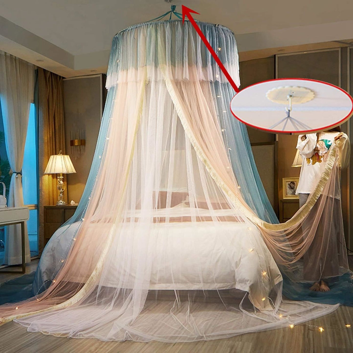 Princess Bed Canopy for Girls,Bed Canopy Curtain- Double Layer Sheer Mesh Dome Bed Curtain- Round Lace Princess Mosquito Net Tent for Twin Full Queen King Bed