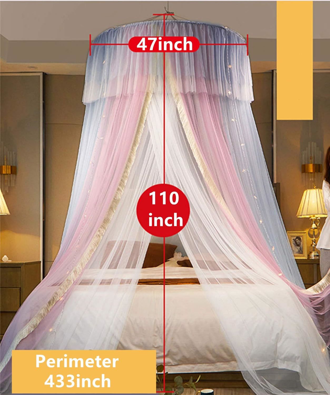 Princess Bed Canopy for Girls,Bed Canopy Curtain- Double Layer Sheer Mesh Dome Bed Curtain- Round Lace Princess Mosquito Net Tent for Twin Full Queen King Bed