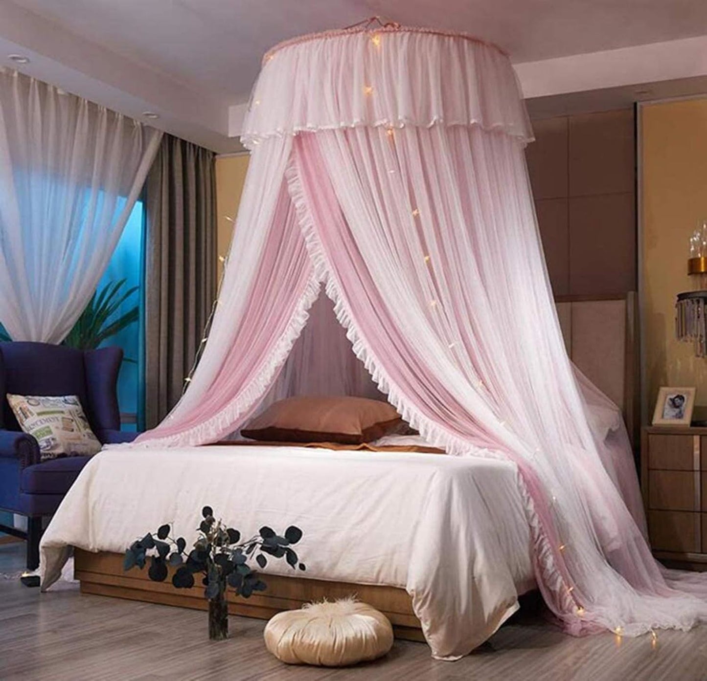 Princess Bed Canopy for Girls,Bed Canopy Curtain- Double Layer Sheer Mesh Dome Bed Curtain- Round Lace Princess Mosquito Net Tent for Twin Full Queen King Bed