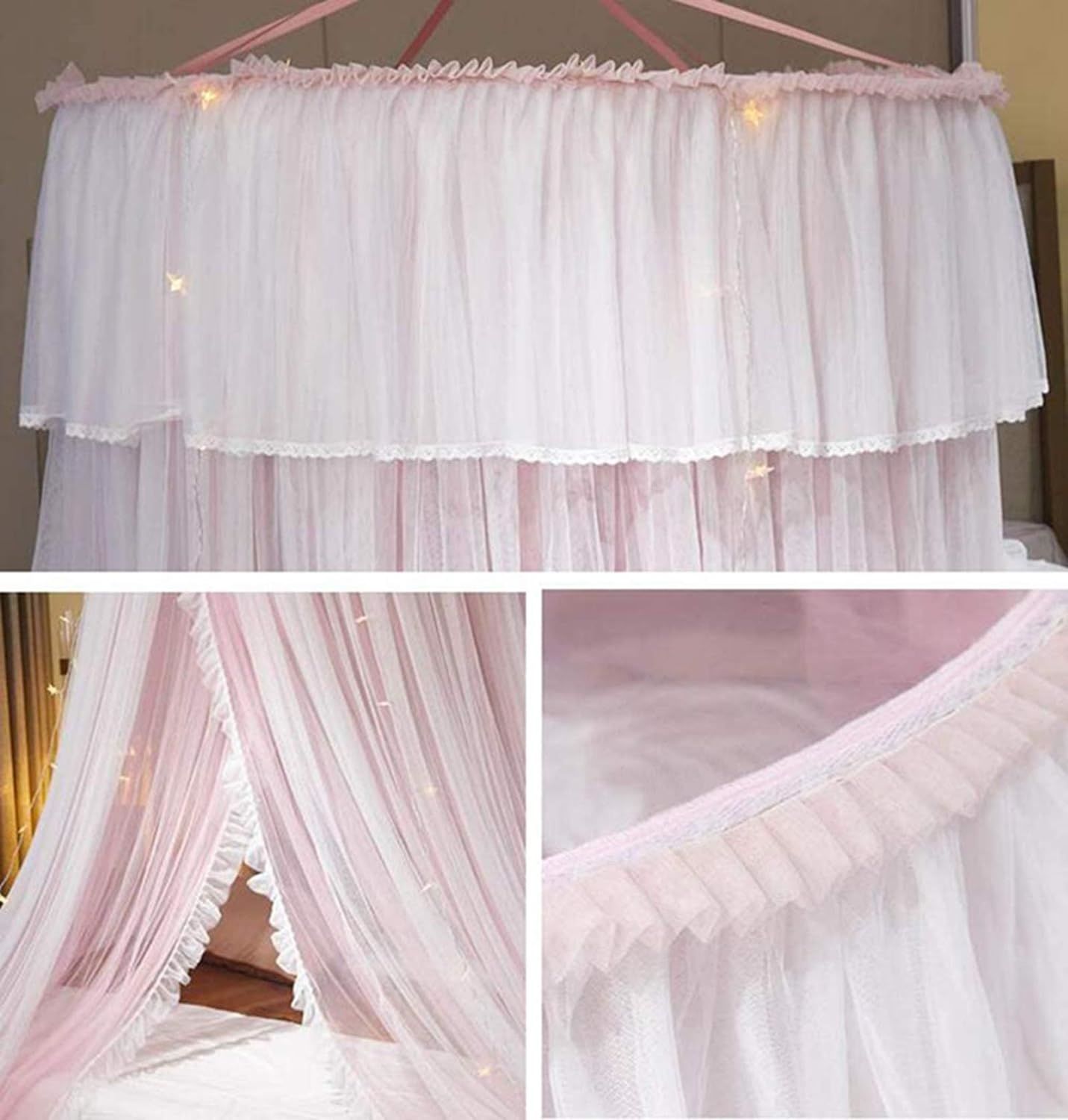 Princess Bed Canopy for Girls,Bed Canopy Curtain- Double Layer Sheer Mesh Dome Bed Curtain- Round Lace Princess Mosquito Net Tent for Twin Full Queen King Bed