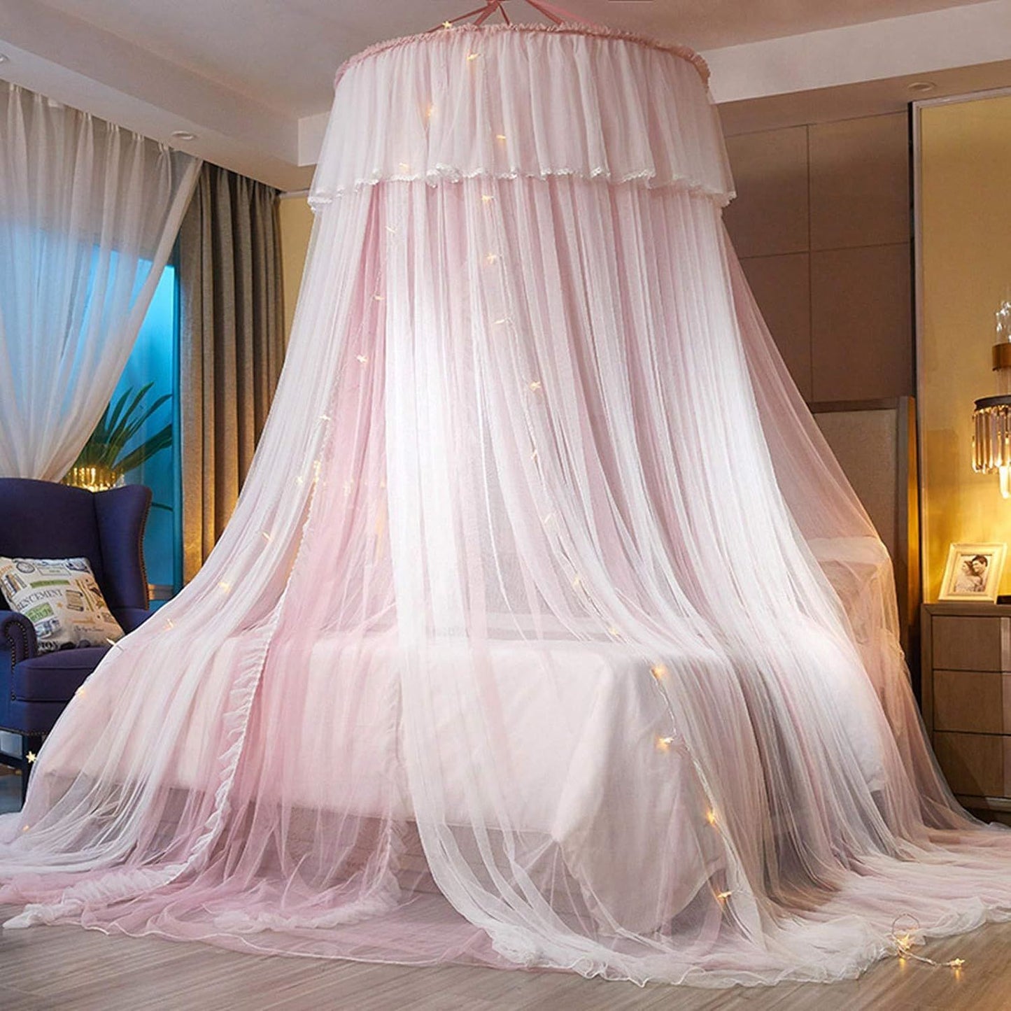 Princess Bed Canopy for Girls,Bed Canopy Curtain- Double Layer Sheer Mesh Dome Bed Curtain- Round Lace Princess Mosquito Net Tent for Twin Full Queen King Bed