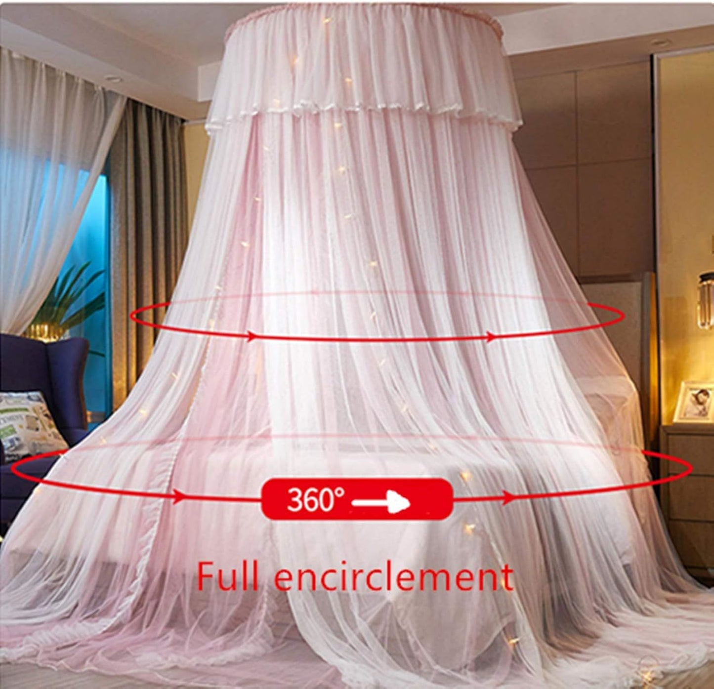 Princess Bed Canopy for Girls,Bed Canopy Curtain- Double Layer Sheer Mesh Dome Bed Curtain- Round Lace Princess Mosquito Net Tent for Twin Full Queen King Bed