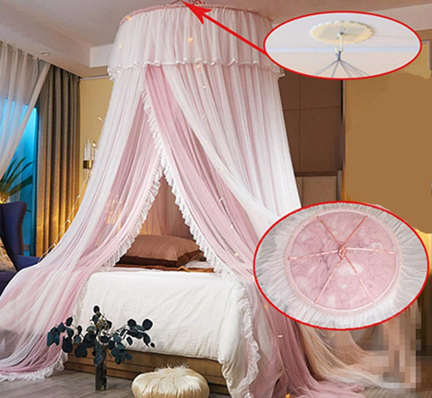 Princess Bed Canopy for Girls,Bed Canopy Curtain- Double Layer Sheer Mesh Dome Bed Curtain- Round Lace Princess Mosquito Net Tent for Twin Full Queen King Bed