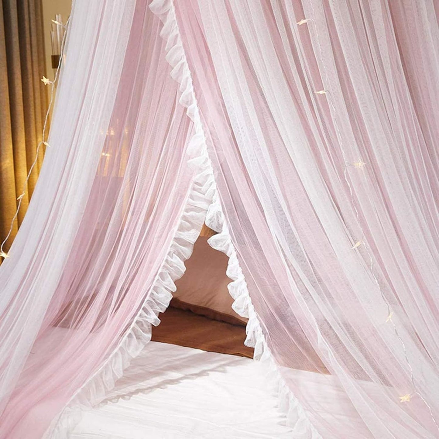 Princess Bed Canopy for Girls,Bed Canopy Curtain- Double Layer Sheer Mesh Dome Bed Curtain- Round Lace Princess Mosquito Net Tent for Twin Full Queen King Bed