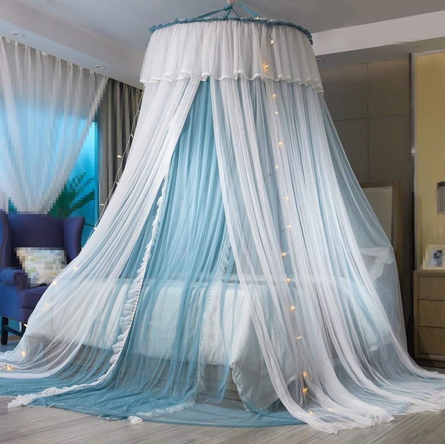 Princess Bed Canopy for Girls,Bed Canopy Curtain- Double Layer Sheer Mesh Dome Bed Curtain- Round Lace Princess Mosquito Net Tent for Twin Full Queen King Bed