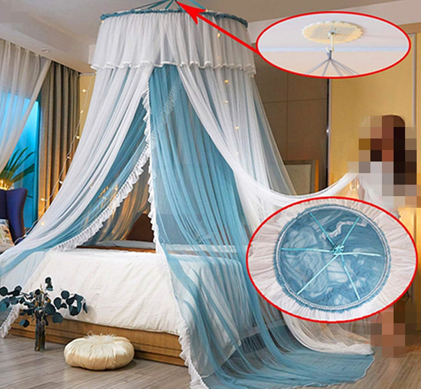 Princess Bed Canopy for Girls,Bed Canopy Curtain- Double Layer Sheer Mesh Dome Bed Curtain- Round Lace Princess Mosquito Net Tent for Twin Full Queen King Bed