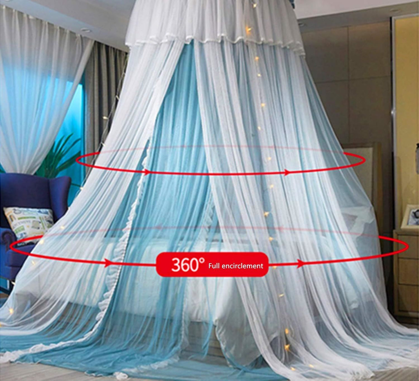 Princess Bed Canopy for Girls,Bed Canopy Curtain- Double Layer Sheer Mesh Dome Bed Curtain- Round Lace Princess Mosquito Net Tent for Twin Full Queen King Bed