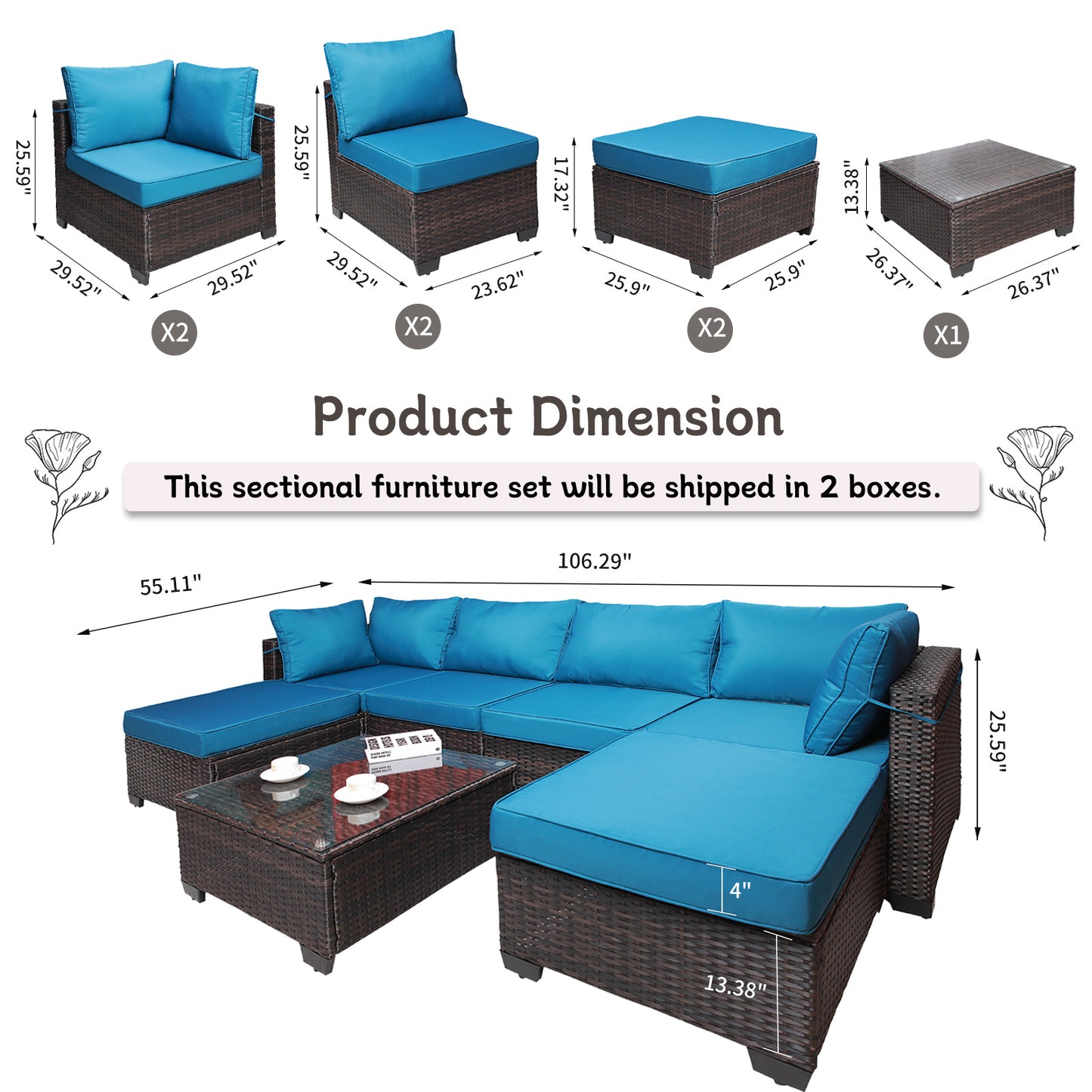 7 Pieces Outdoor Patio Sectional Sofa Couch, Silver Gray PE Wicker Furniture Conversation Sets with Washable Cushions & Glass Coffee Table for Garden, Poolside, Backyard