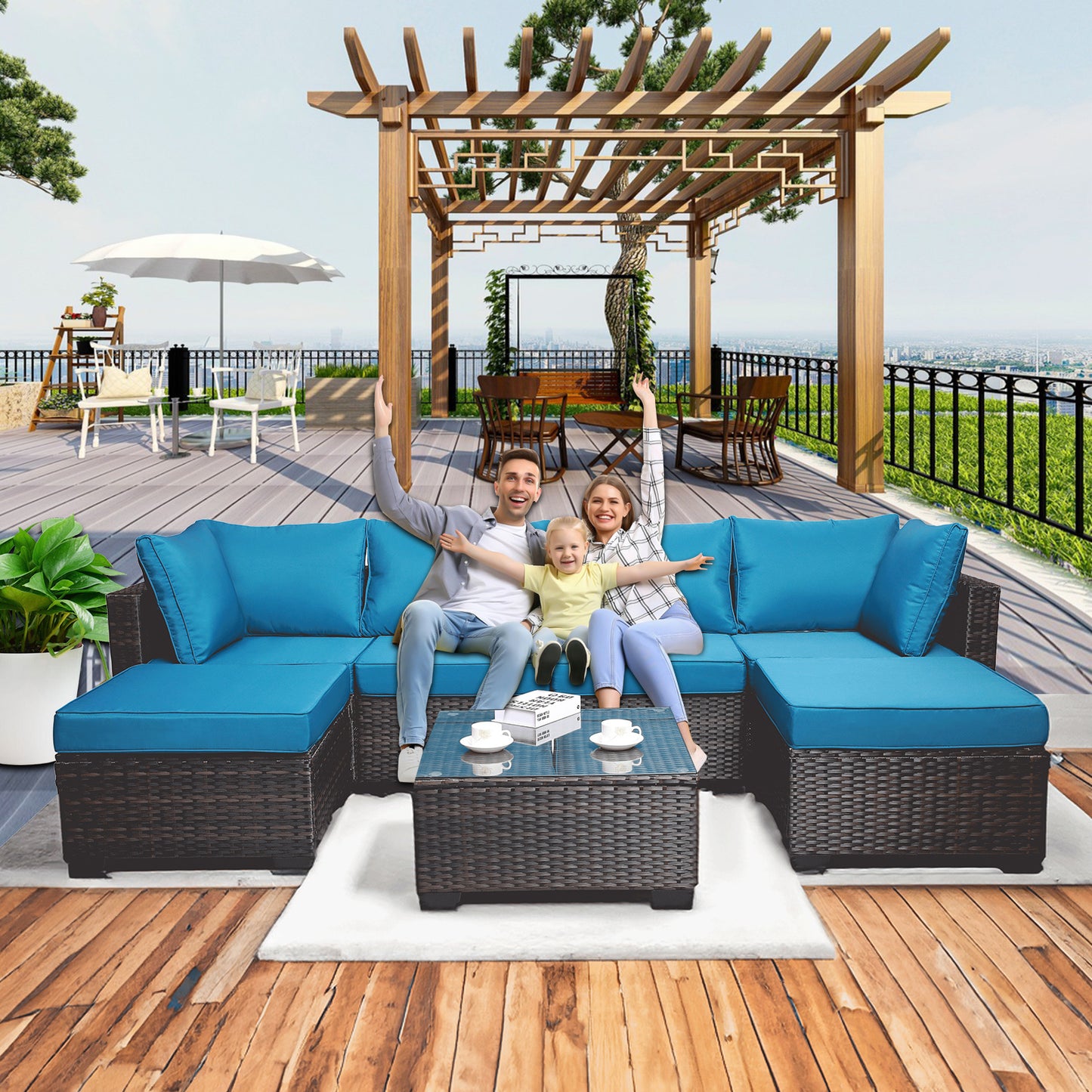 7 Pieces Outdoor Patio Sectional Sofa Couch, Silver Gray PE Wicker Furniture Conversation Sets with Washable Cushions & Glass Coffee Table for Garden, Poolside, Backyard