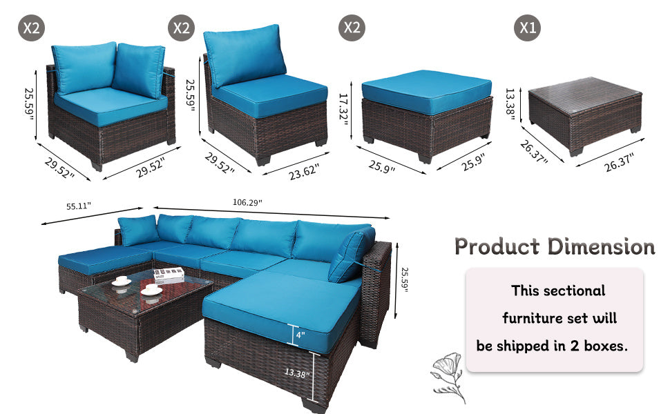 7 Pieces Outdoor Patio Sectional Sofa Couch, Silver Gray PE Wicker Furniture Conversation Sets with Washable Cushions & Glass Coffee Table for Garden, Poolside, Backyard