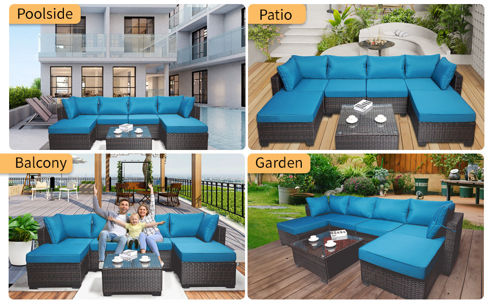 7 Pieces Outdoor Patio Sectional Sofa Couch, Silver Gray PE Wicker Furniture Conversation Sets with Washable Cushions & Glass Coffee Table for Garden, Poolside, Backyard