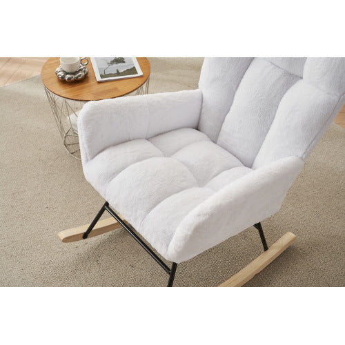 Rocking Chair Nursery, Solid Wood Legs Reading Chair with Teddy Fabirc Upholstered , Nap Armchair for Living Rooms, Bedrooms, Offices, Best Gift,Teddy fabric