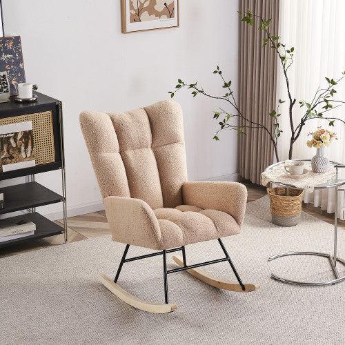 Rocking Chair Nursery, Solid Wood Legs Reading Chair with Teddy Fabirc Upholstered , Nap Armchair for Living Rooms, Bedrooms, Offices, Best Gift,Teddy fabric