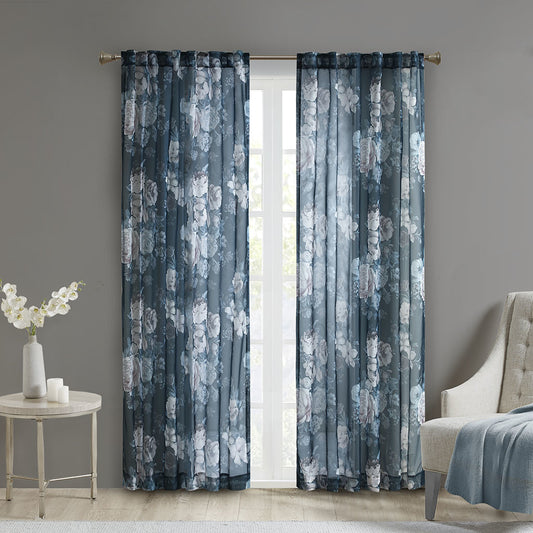 Printed Floral Rod Pocket and Back Tab Voile Sheer Curtain