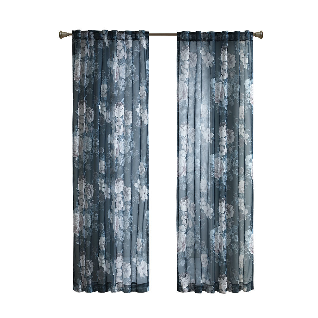 Printed Floral Rod Pocket and Back Tab Voile Sheer Curtain