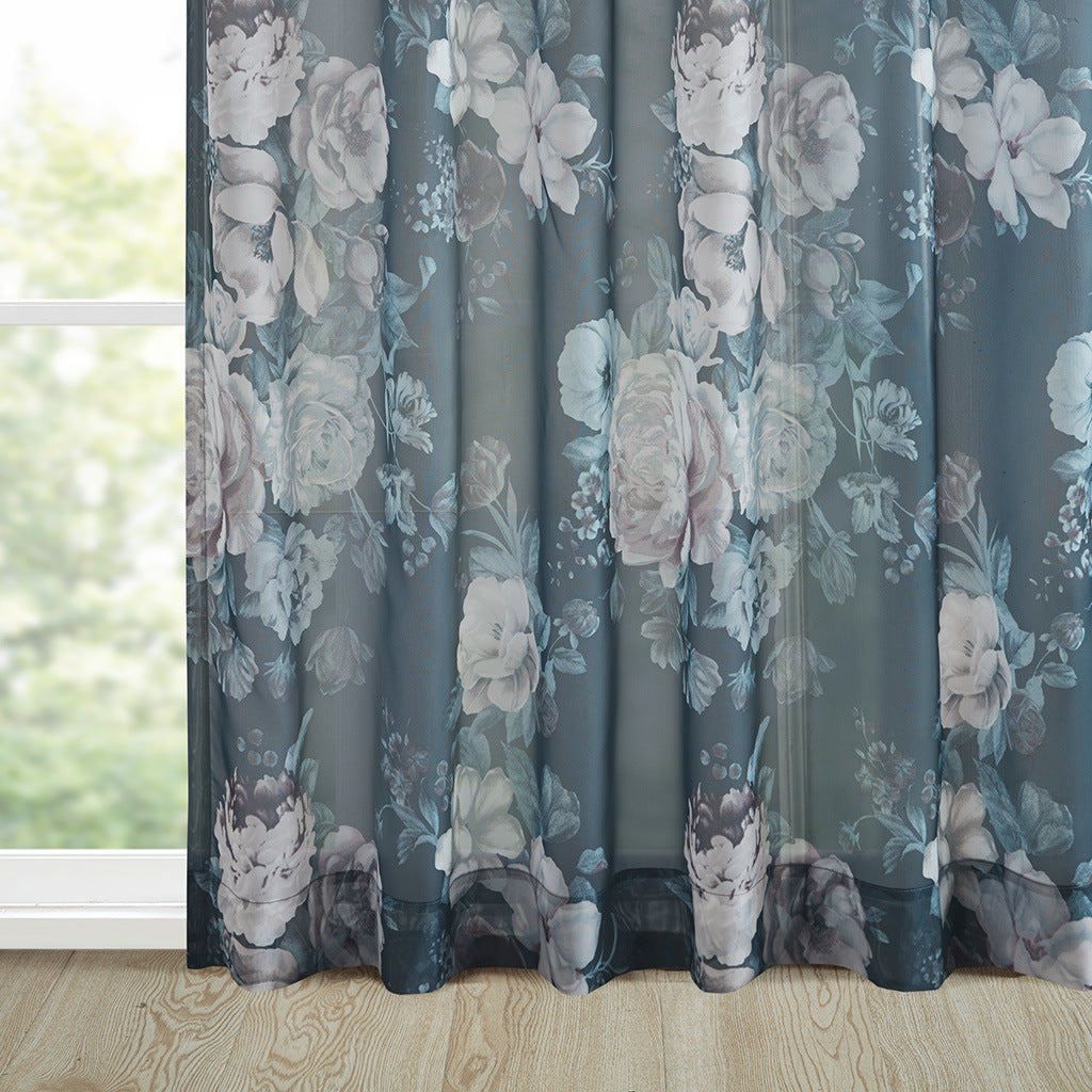 Printed Floral Rod Pocket and Back Tab Voile Sheer Curtain