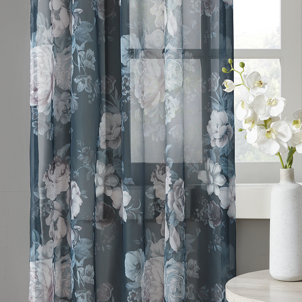 Printed Floral Rod Pocket and Back Tab Voile Sheer Curtain