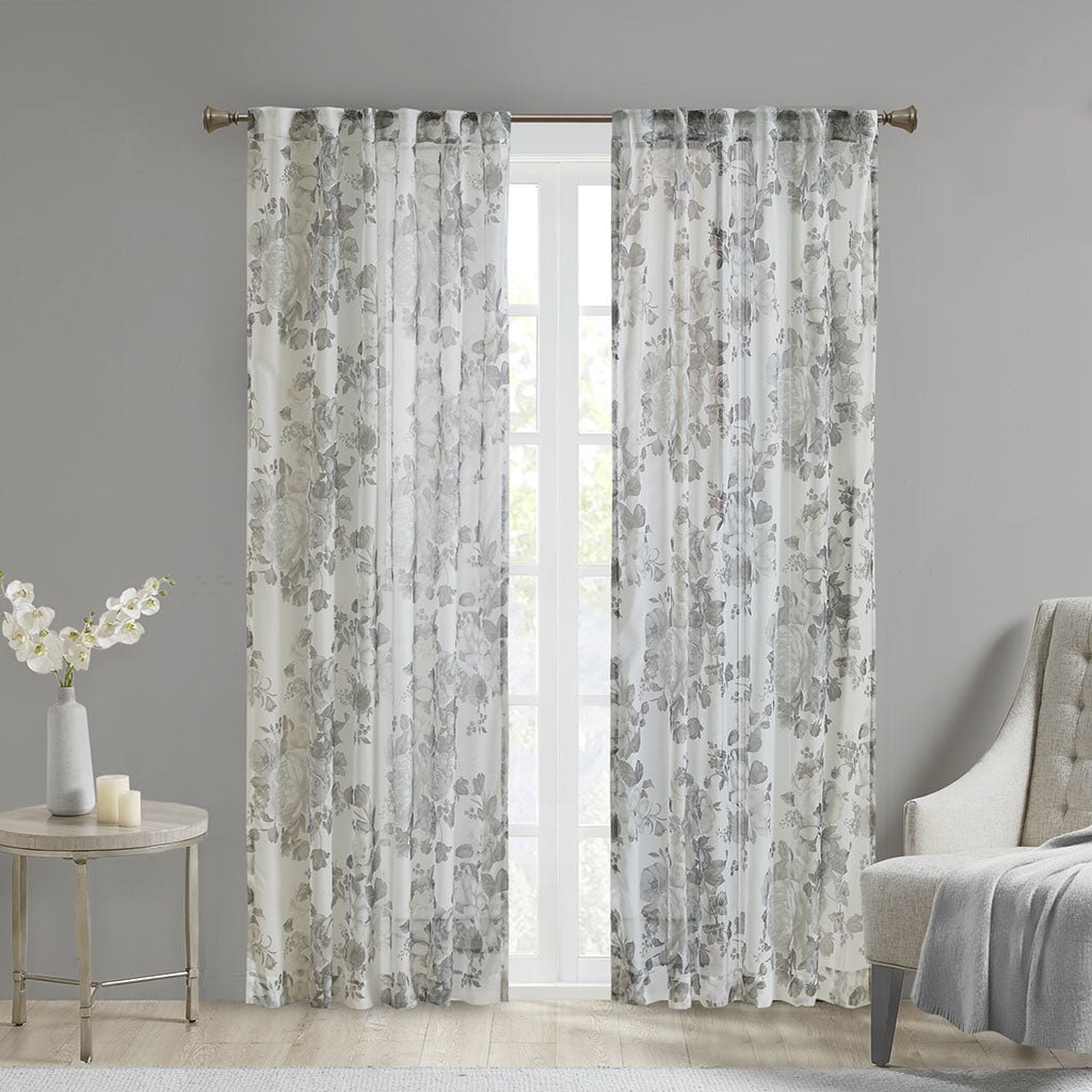 Printed Floral Rod Pocket and Back Tab Voile Sheer Curtain