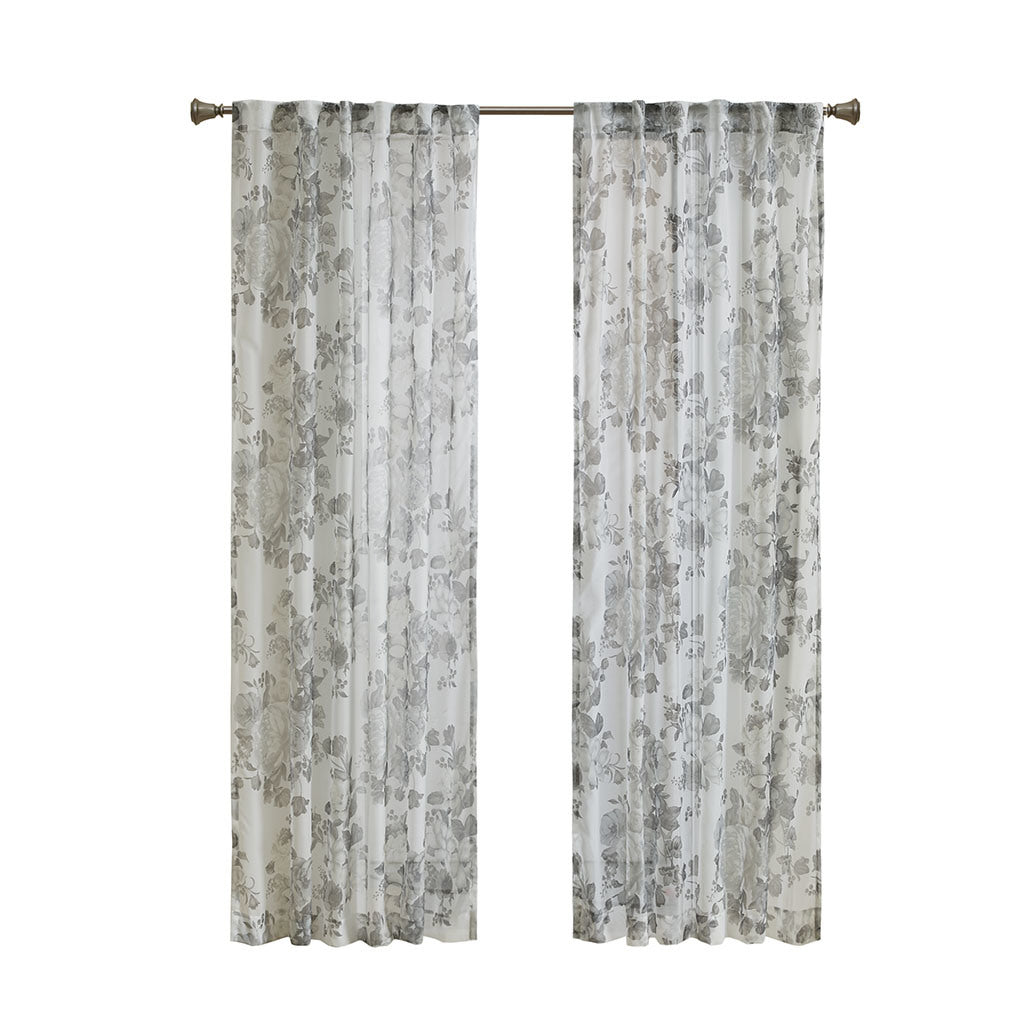 Printed Floral Rod Pocket and Back Tab Voile Sheer Curtain