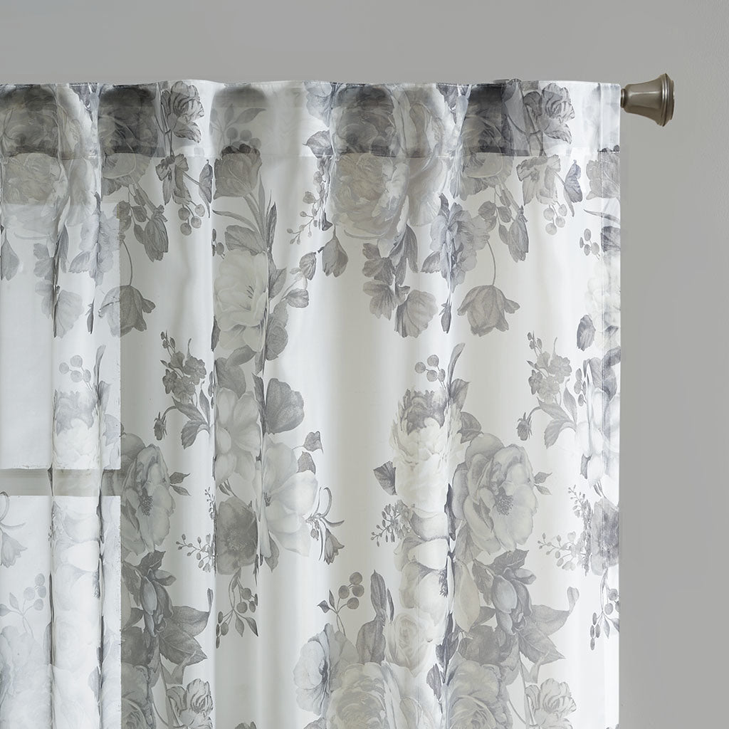 Printed Floral Rod Pocket and Back Tab Voile Sheer Curtain