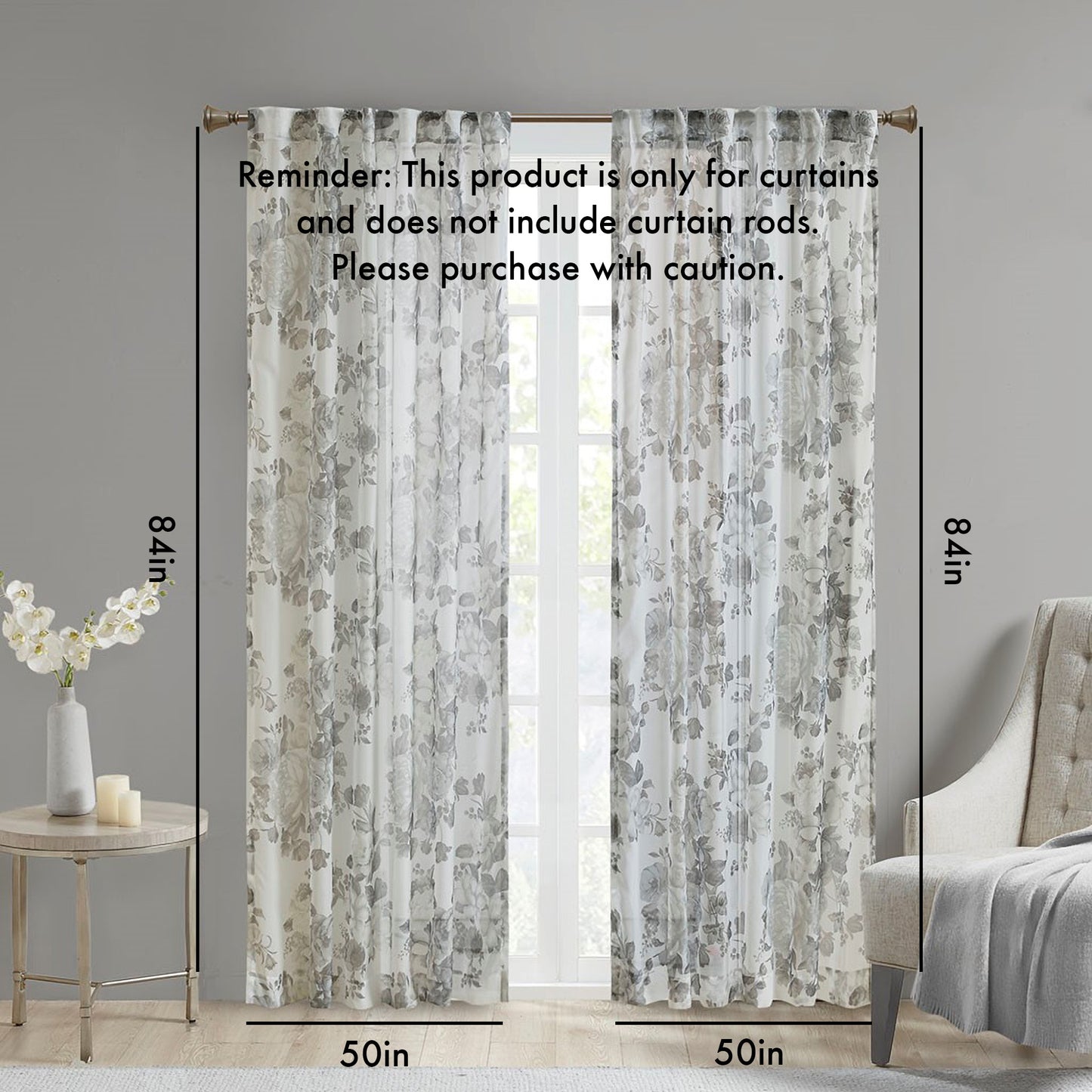 Printed Floral Rod Pocket and Back Tab Voile Sheer Curtain