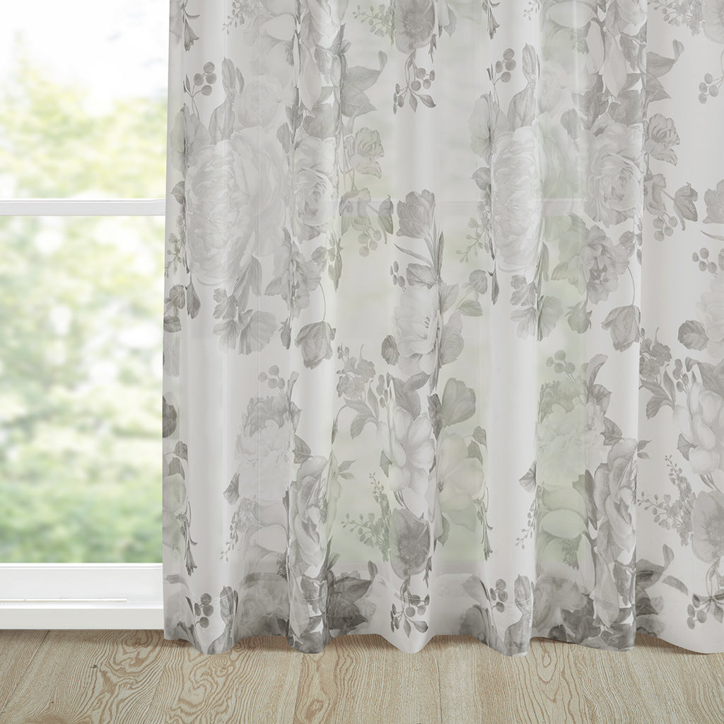 Printed Floral Rod Pocket and Back Tab Voile Sheer Curtain