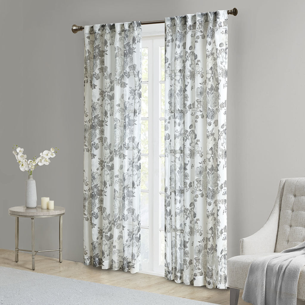 Printed Floral Rod Pocket and Back Tab Voile Sheer Curtain