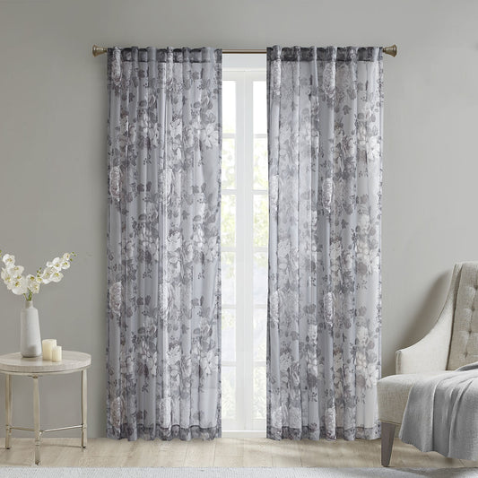 Printed Floral Rod Pocket and Back Tab Voile Sheer Curtain