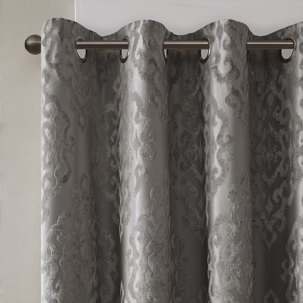 Knitted Jacquard Damask Total Blackout Grommet Top Curtain Panel