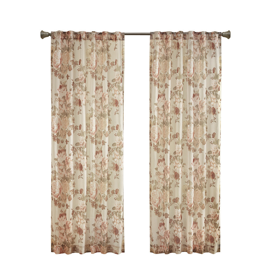 Printed Floral Rod Pocket and Back Tab Voile Sheer Curtain