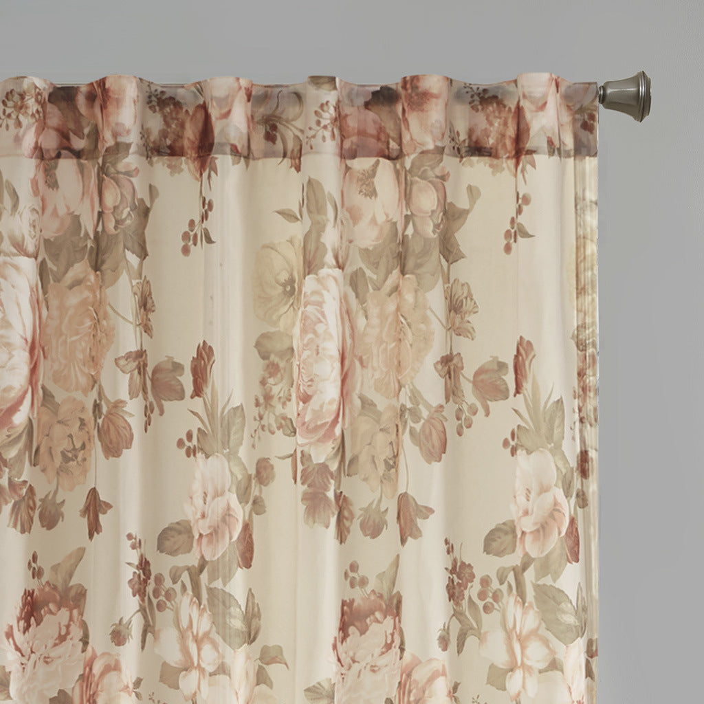 Printed Floral Rod Pocket and Back Tab Voile Sheer Curtain