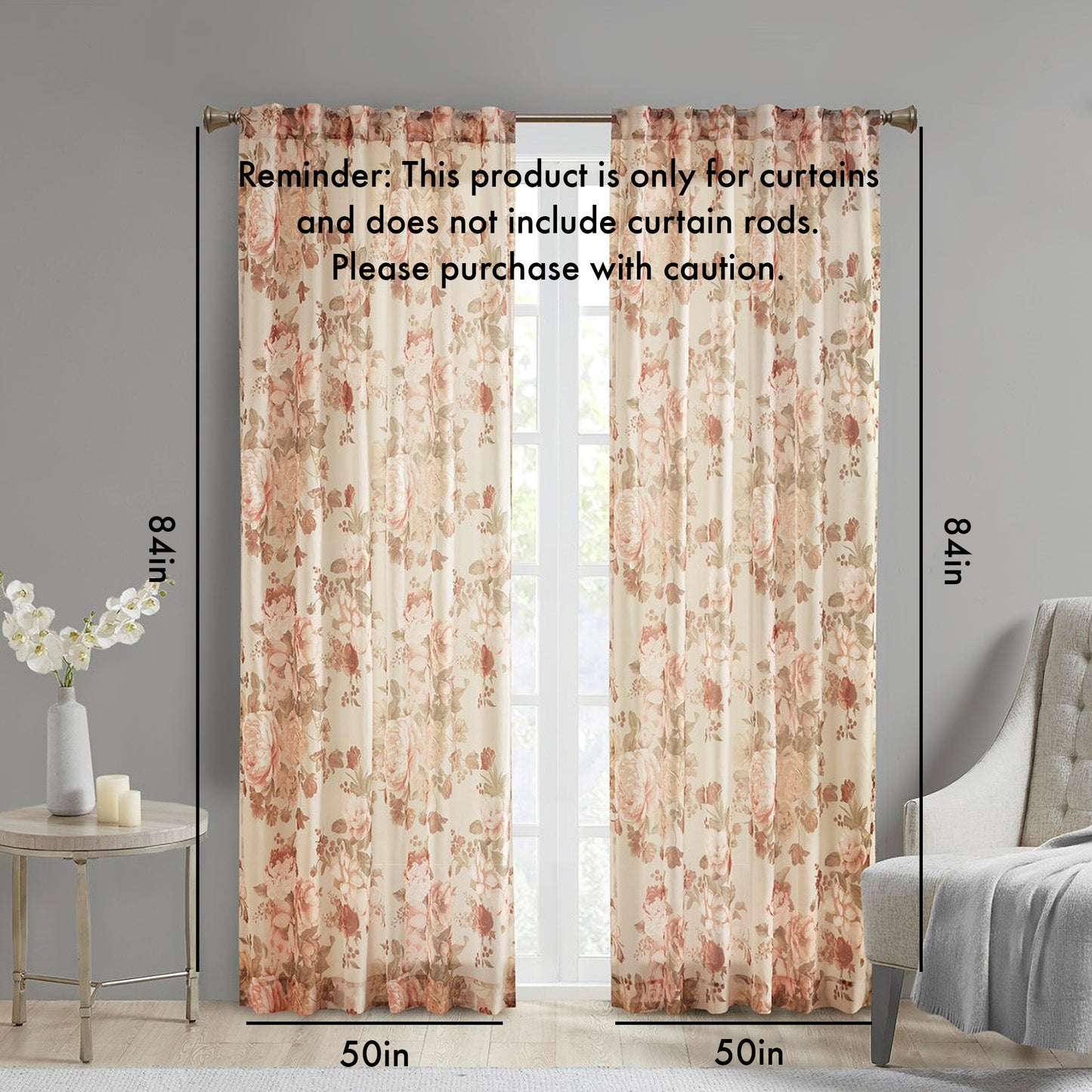 Printed Floral Rod Pocket and Back Tab Voile Sheer Curtain