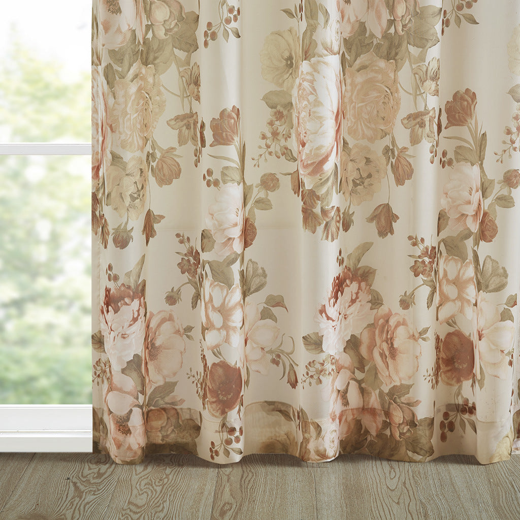 Printed Floral Rod Pocket and Back Tab Voile Sheer Curtain