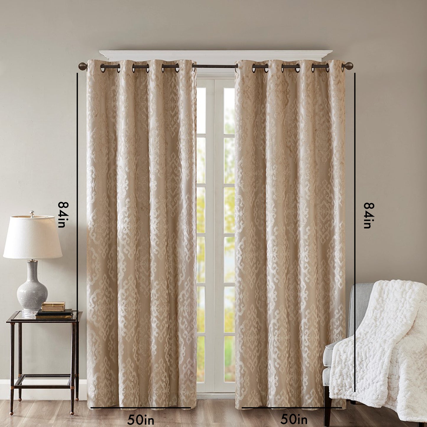 Knitted Jacquard Damask Total Blackout Grommet Top Curtain Panel Pair