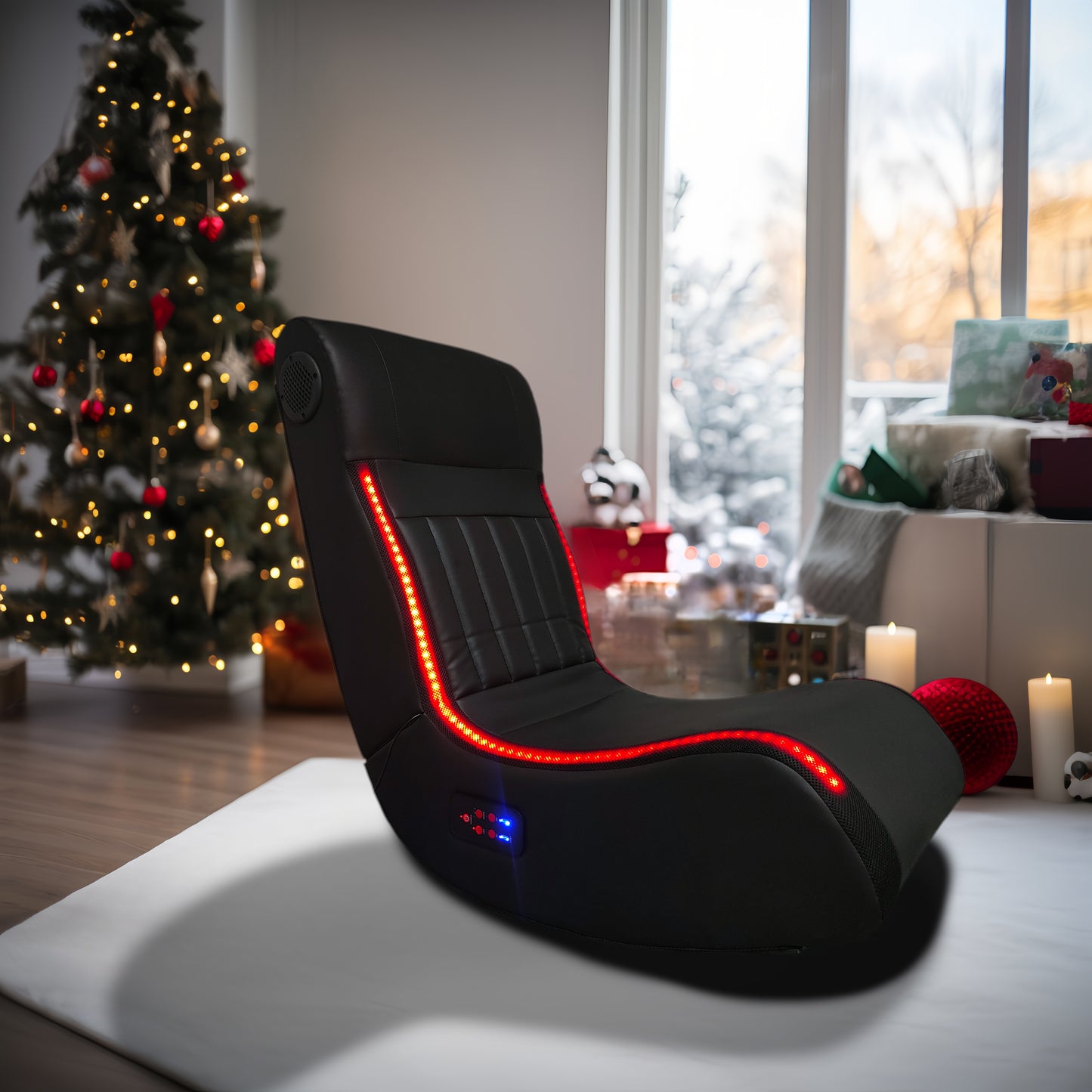 Foldable Gaming Chair With Onboard Speakers, LED Strip Lighting, Bluetooth Music Speakers, Vibration Massage, USB Charging Port