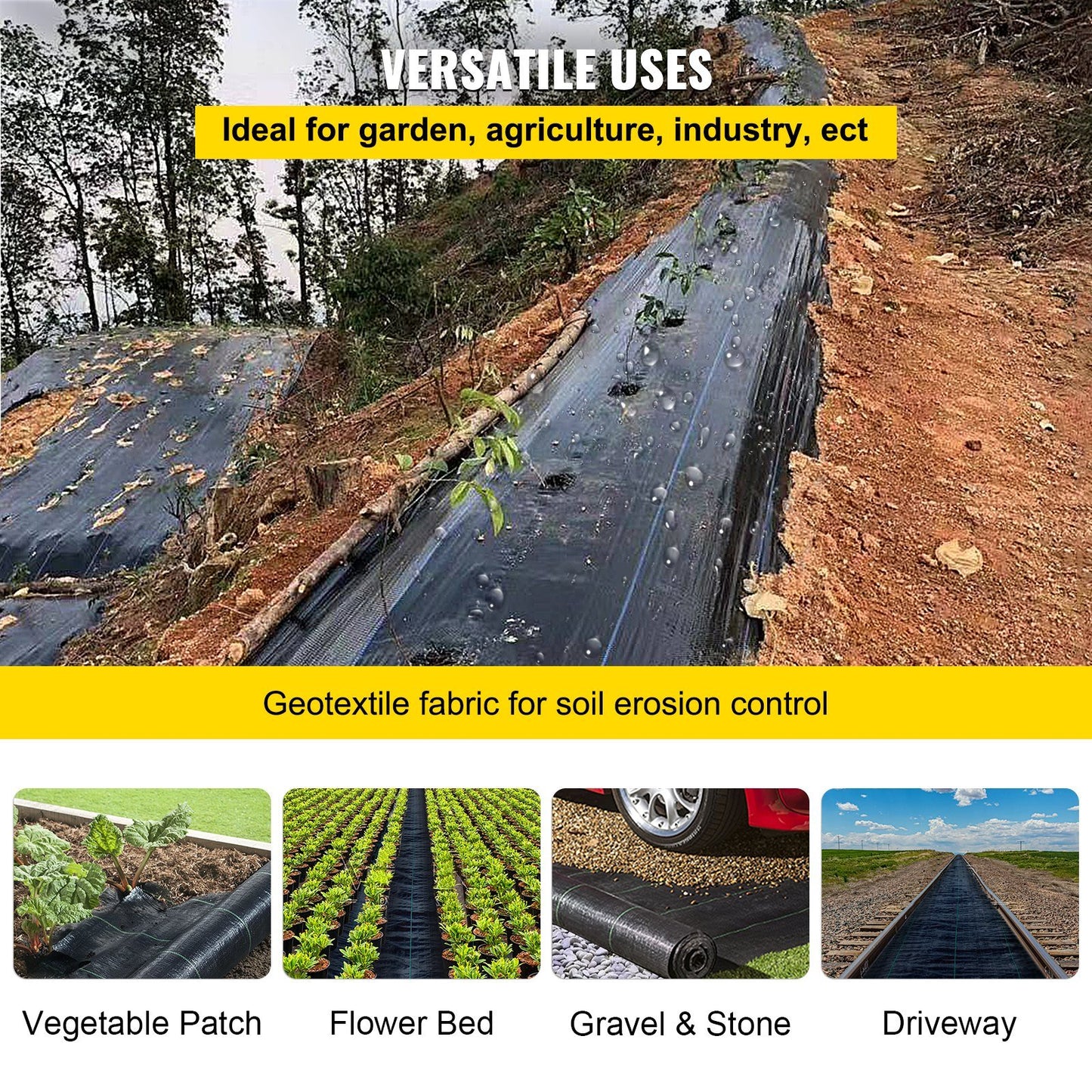 VEVOR Weed Barrier Landscape Fabric, 6 x 250 ft, 4.1 Oz Premium Woven Ground Cover, Heavy Duty PP Material & Easy Setup, Weed Control for Outdoor Garden, Lawn, Driveway, Black