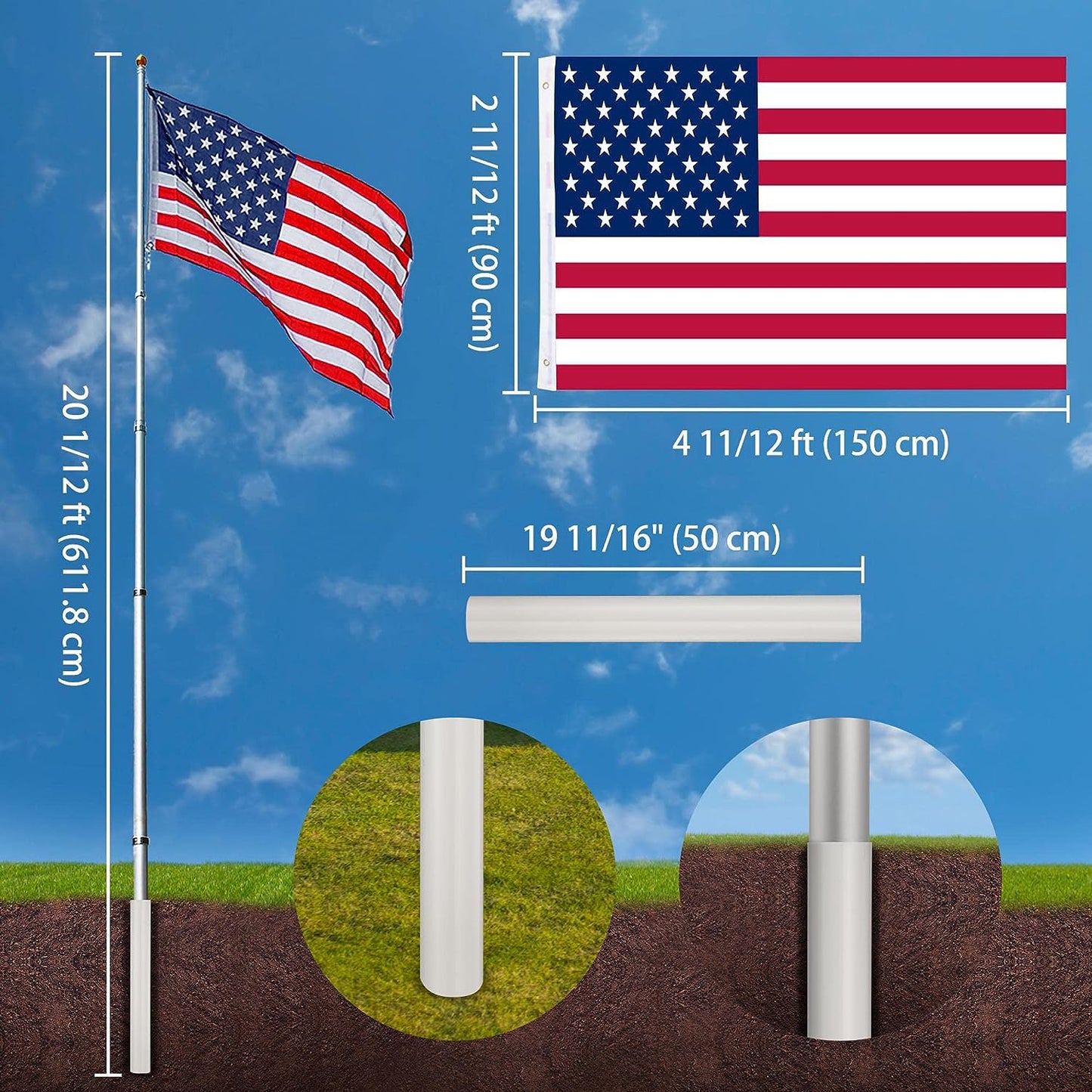 30 ft. Aluminum Flagpole with US Flag and Ball